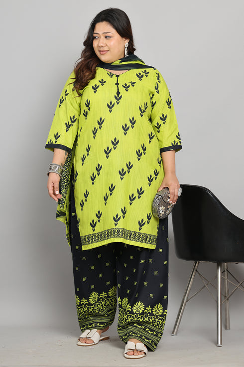 Neon Yellow Cotton Blend Printed Ready to Wear Patiala Salwar Suit