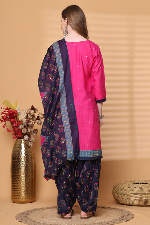 Pink Cotton Blend Printed Ready to Wear Patiala Salwar Suit