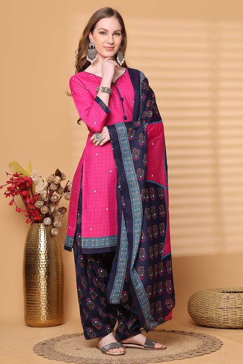 Pink Cotton Blend Printed Ready to Wear Patiala Salwar Suit