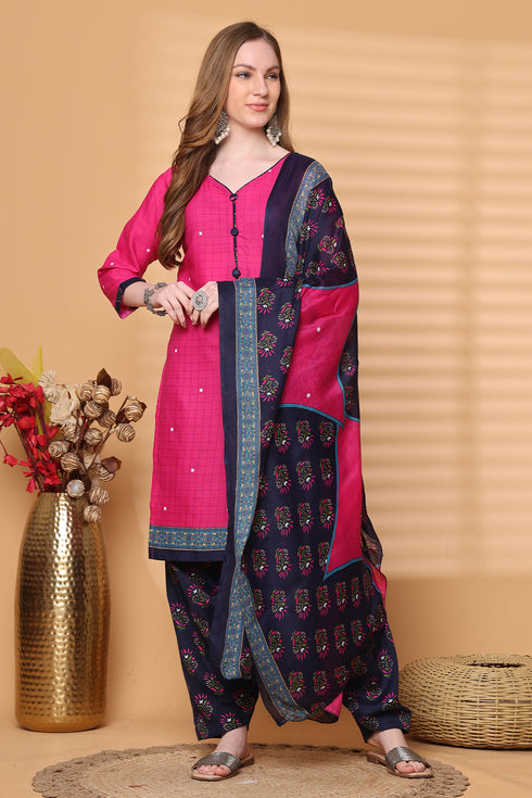Pink Cotton Blend Printed Ready to Wear Patiala Salwar Suit