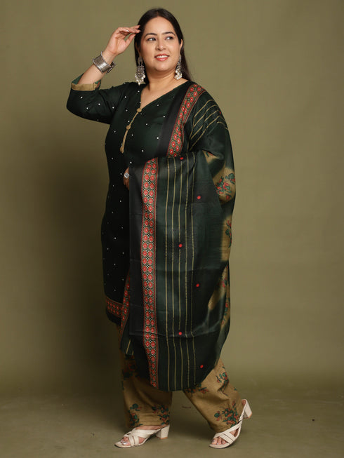 Green Cotton Blend Printed Ready to Wear Patiala Salwar Suit