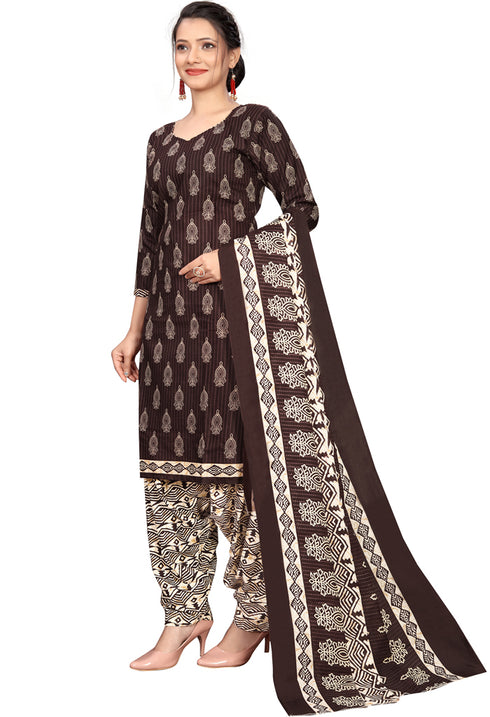 Brown Cotton Blend Printed Readymade Patiala Salwar Suit