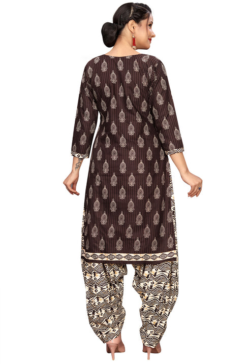 Brown Cotton Blend Printed Readymade Patiala Salwar Suit