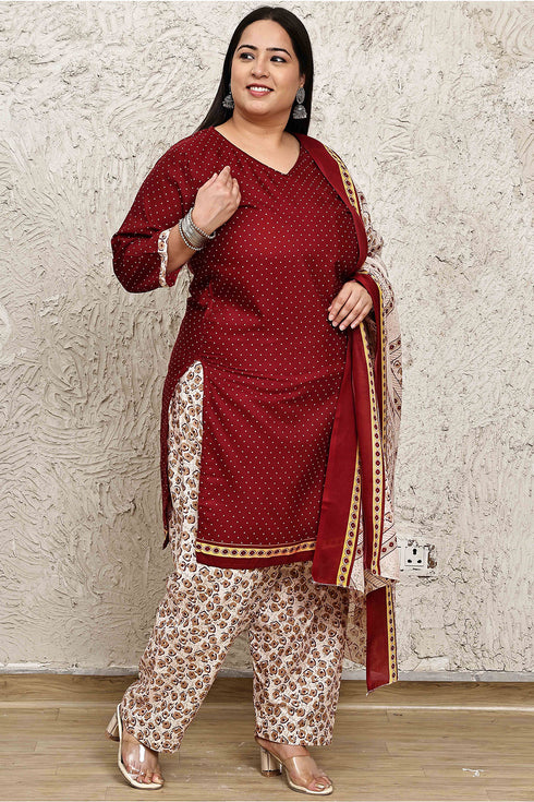 Maroon Cotton Blend Printed Plus Size Ready to Wear Patiala Salwar Suit
