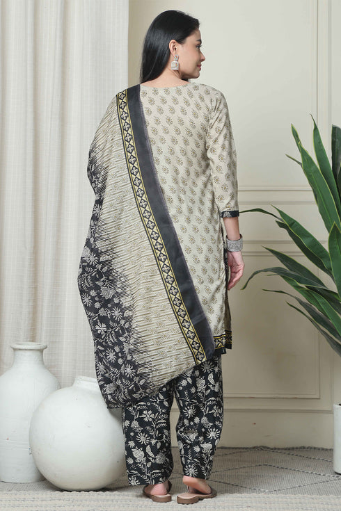 Beige Cotton Blend Printed Readymade Patiala Salwar Suit