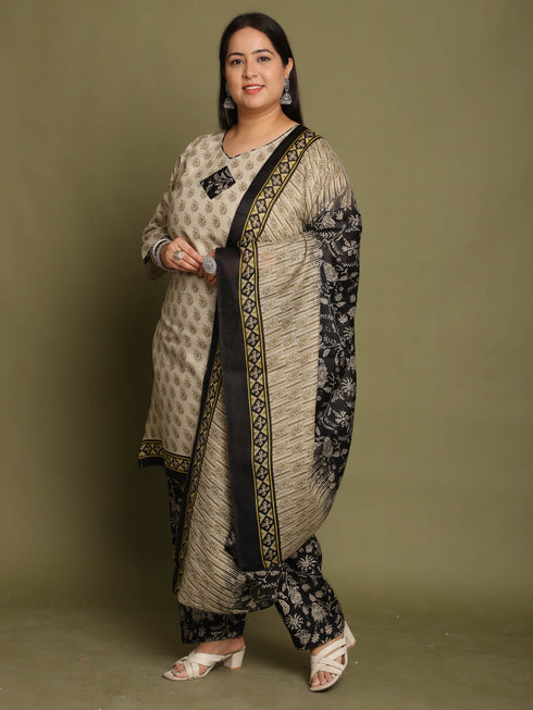 Beige Cotton Blend Printed Ready to Wear Patiala Salwar Suit