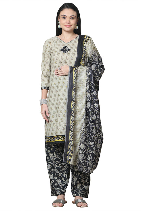 Beige Cotton Blend Printed Readymade Patiala Salwar Suit