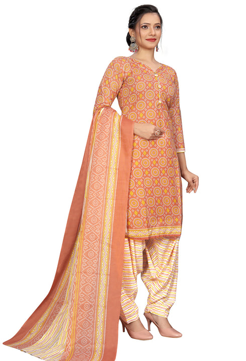 Light Orange Cotton Blend Printed Readymade Patiala Salwar Suit