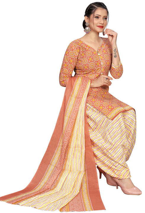 Light Orange Cotton Blend Printed Readymade Patiala Salwar Suit