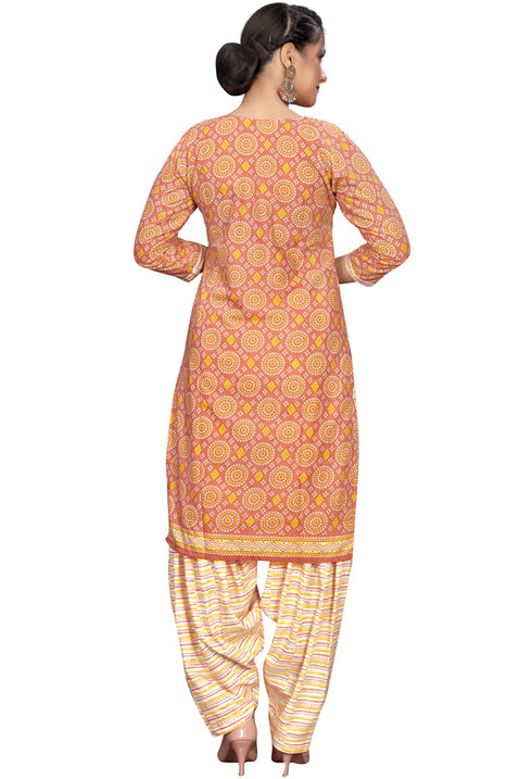 Light Orange Cotton Blend Printed Readymade Patiala Salwar Suit