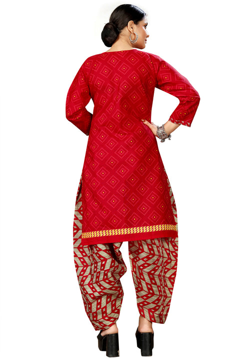 Red Cotton Blend Printed Readymade Patiala Salwar Suit