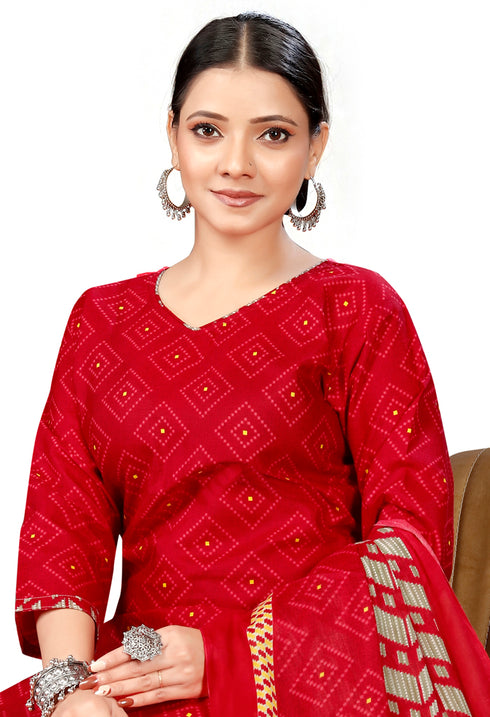 Red Cotton Blend Printed Readymade Patiala Salwar Suit