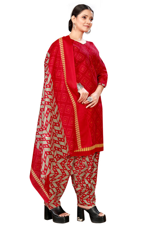 Red Cotton Blend Printed Readymade Patiala Salwar Suit