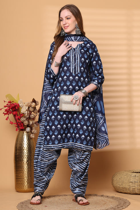 Navy Blue & White Cotton Blend Printed Ready to Wear Patiala Salwar Suit