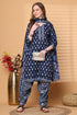 Navy Blue & White Cotton Blend Printed Ready to Wear Patiala Salwar Suit