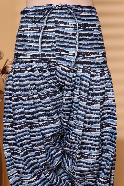 Navy Blue & White Cotton Blend Printed Ready to Wear Patiala Salwar Suit