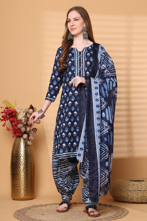 Navy Blue & White Cotton Blend Printed Ready to Wear Patiala Salwar Suit