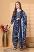 Navy Blue & White Cotton Blend Printed Ready to Wear Patiala Salwar Suit