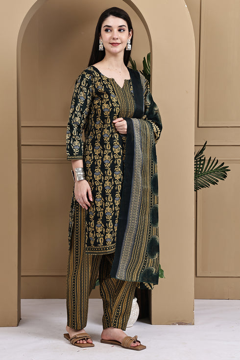 Green Cotton Blend Printed Readymade Patiala Salwar Suit