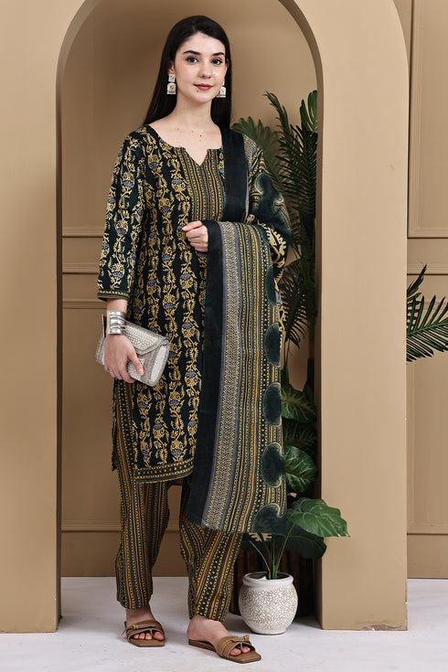 Green Cotton Blend Printed Readymade Patiala Salwar Suit