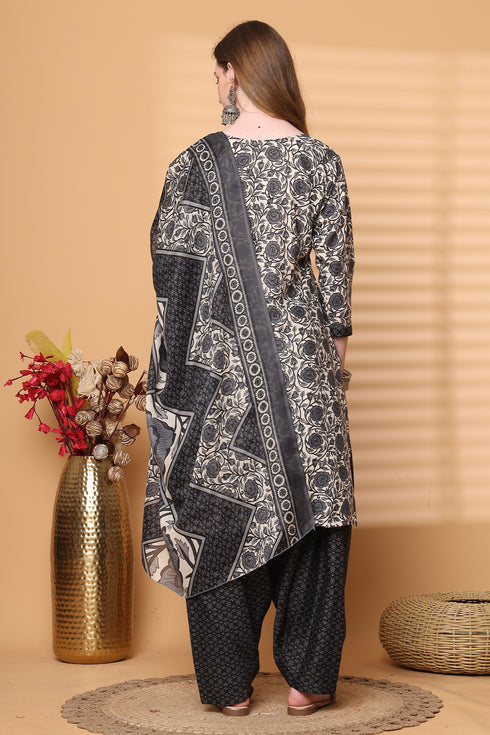 Off White & Grey Cotton Blend Printed Ready to Wear Patiala Salwar Suit