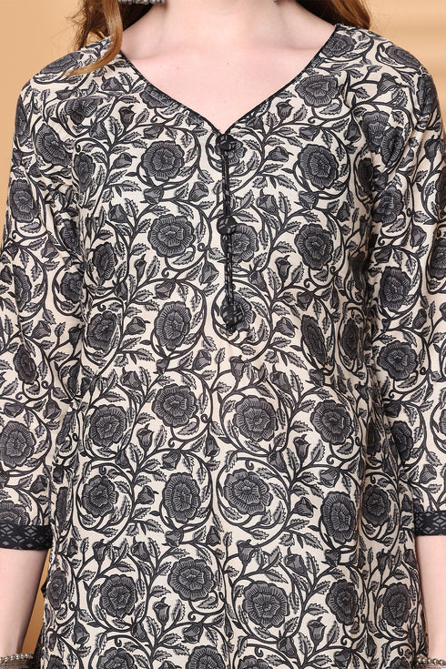 Off White & Grey Cotton Blend Printed Ready to Wear Patiala Salwar Suit