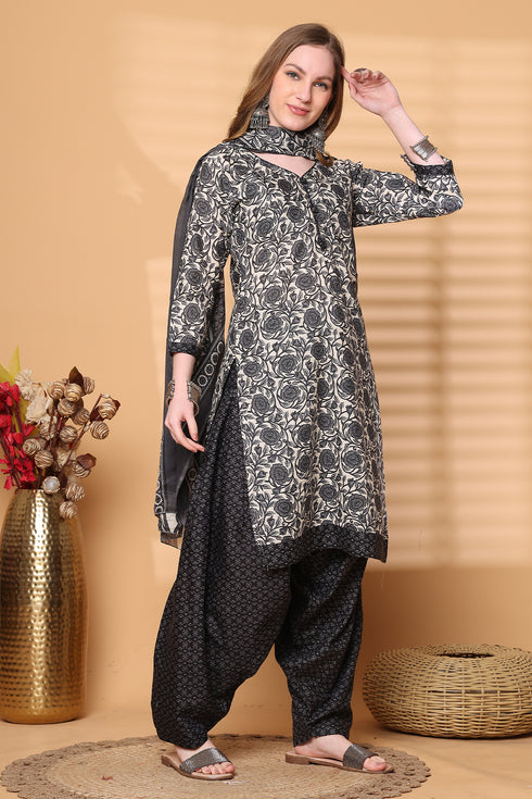 Off White & Grey Cotton Blend Printed Ready to Wear Patiala Salwar Suit