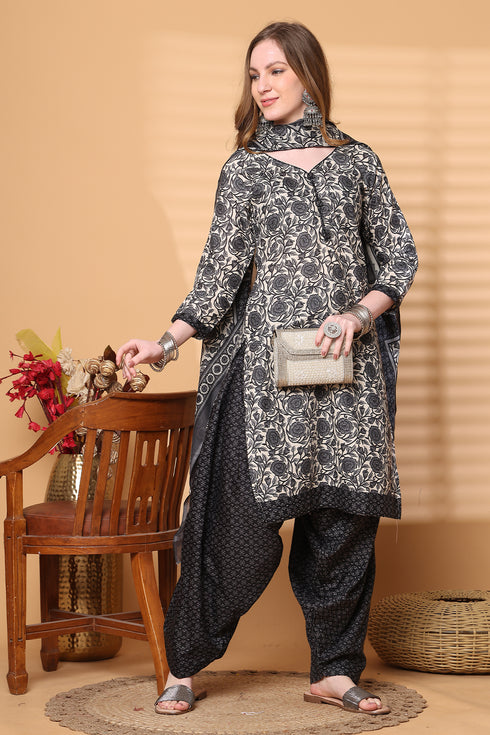 Off White & Grey Cotton Blend Printed Ready to Wear Patiala Salwar Suit