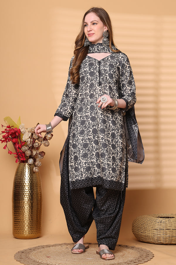 Off White & Grey Cotton Blend Printed Ready to Wear Patiala Salwar Suit