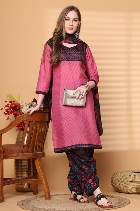 Pink Cotton Blend Printed Ready to Wear Patiala Salwar Suit