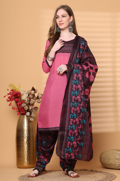 Pink Cotton Blend Printed Ready to Wear Patiala Salwar Suit