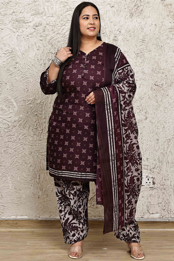 Wine Cotton Blend Printed Plus Size Ready to Wear Patiala Salwar Suit