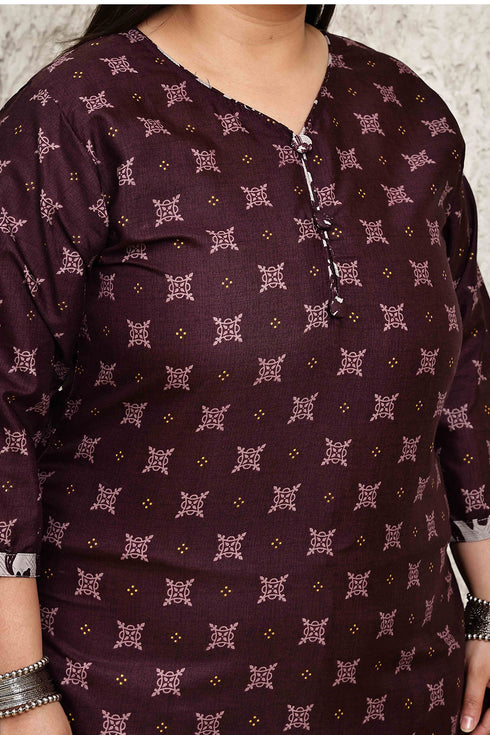 Wine Cotton Blend Printed Plus Size Ready to Wear Patiala Salwar Suit