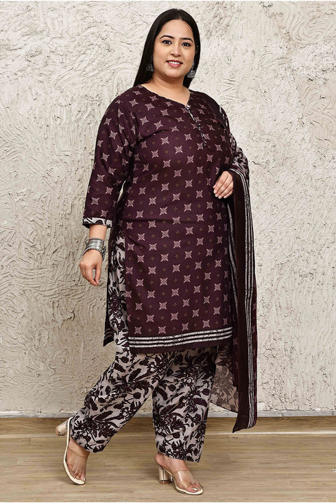 Wine Cotton Blend Printed Plus Size Ready to Wear Patiala Salwar Suit
