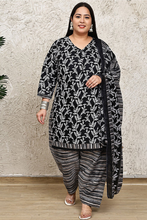 Black & White Cotton Blend Printed Plus Size Ready to Wear Patiala Salwar Suit