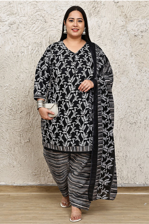 Black & White Cotton Blend Printed Plus Size Ready to Wear Patiala Salwar Suit