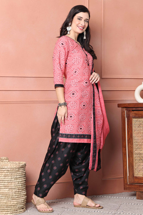 Pink Cotton Blend Printed Ready to Wear Patiala Salwar Suit