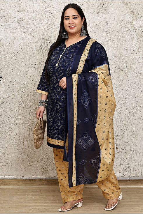 Navy Blue Cotton Blend Printed Plus Size Ready to Wear Patiala Salwar Suit