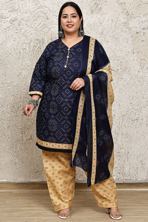 Navy Blue Cotton Blend Printed Plus Size Ready to Wear Patiala Salwar Suit