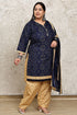 Navy Blue Cotton Blend Printed Plus Size Ready to Wear Patiala Salwar Suit