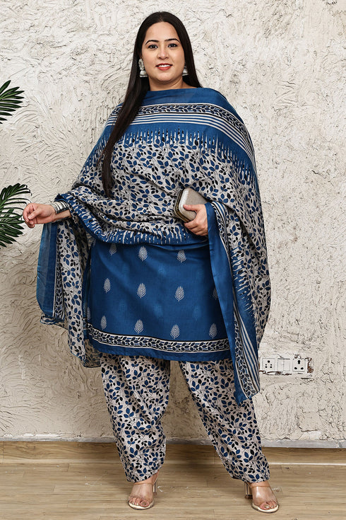 Blue Cotton Blend Printed Plus Size Ready to Wear Patiala Salwar Suit