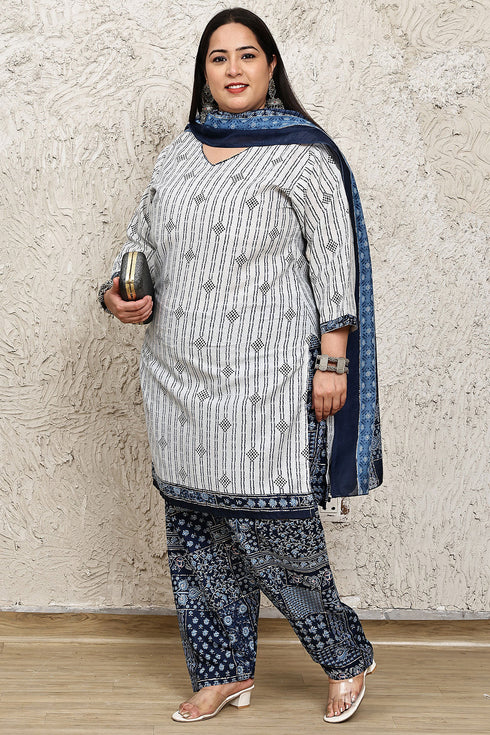 White Cotton Blend Printed Plus Size Ready to Wear Patiala Salwar Suit