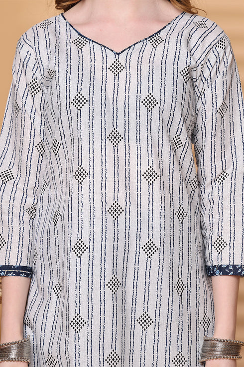 White Cotton Blend Printed Ready to Wear Patiala Salwar Suit