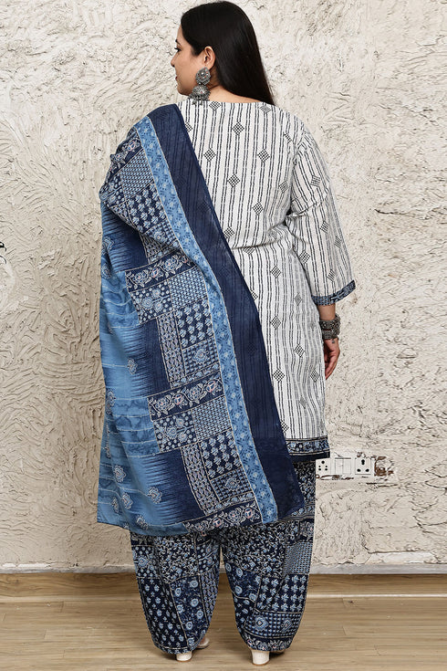 White Cotton Blend Printed Plus Size Ready to Wear Patiala Salwar Suit