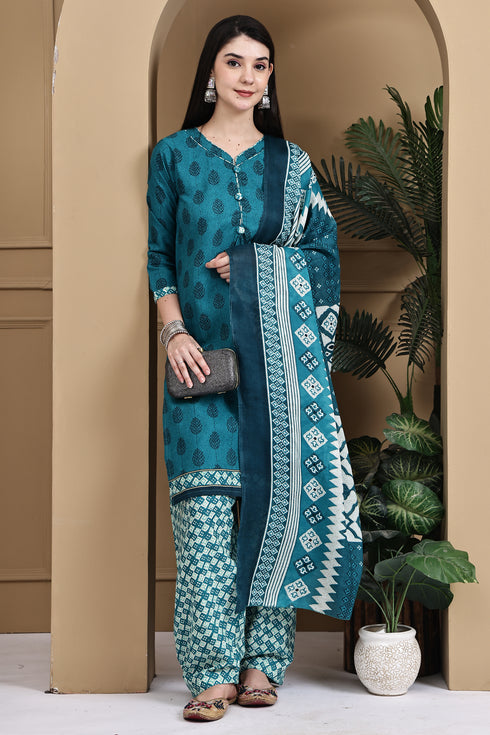 Teal Green Cotton Blend Printed Ready to Wear Patiala Salwar Suit