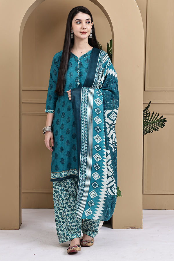 Teal Green Cotton Blend Printed Ready to Wear Patiala Salwar Suit