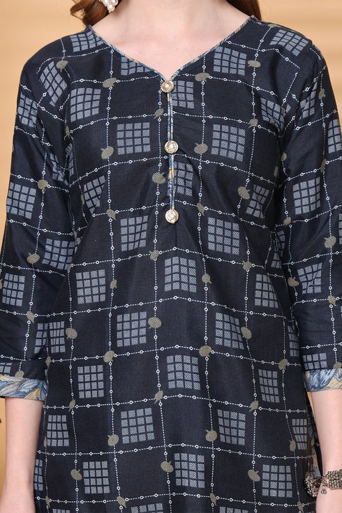 Navy Blue Cotton Blend Printed Ready to Wear Patiala Salwar Suit