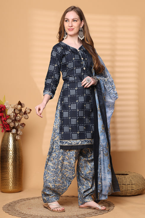 Navy Blue Cotton Blend Printed Ready to Wear Patiala Salwar Suit