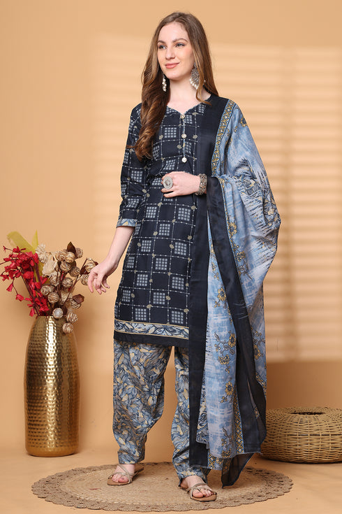 Navy Blue Cotton Blend Printed Ready to Wear Patiala Salwar Suit