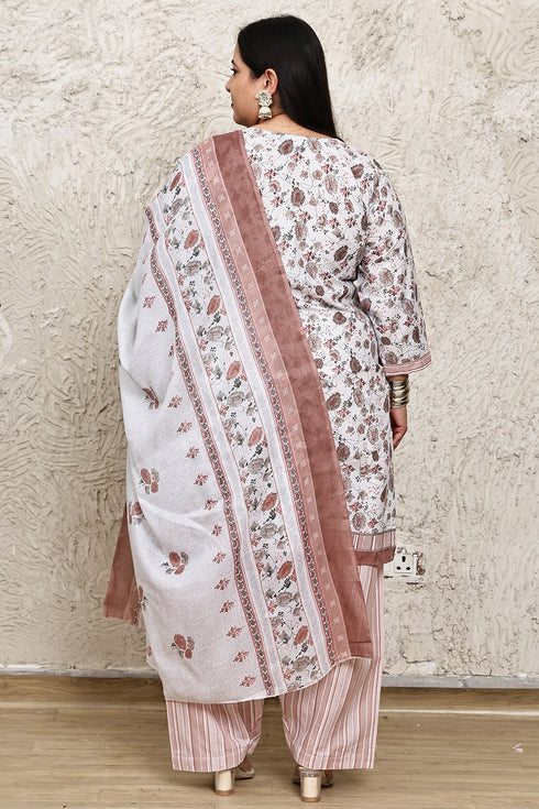 White Cotton Blend Printed Plus Size Ready to Wear Patiala Salwar Suit